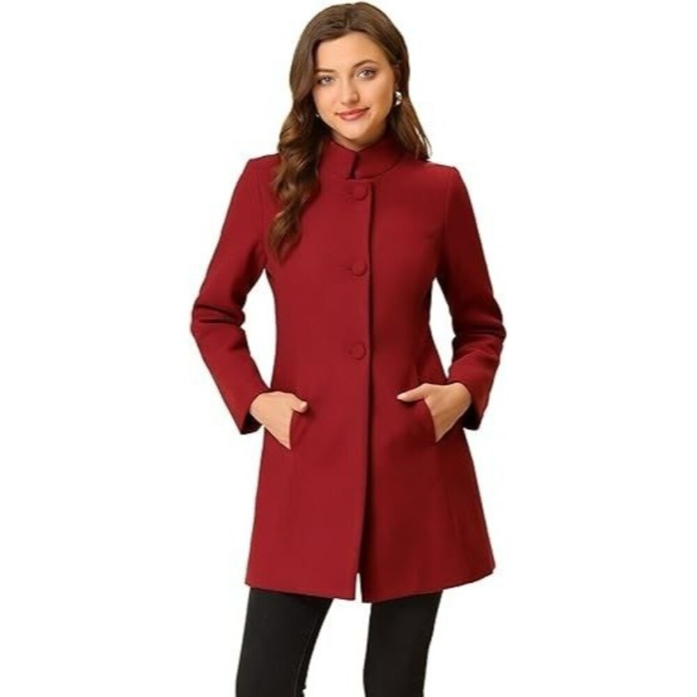 Allegra K Women's Overcoat MEDIUM Red Mid-Long Single Breasted Coat Outerwear